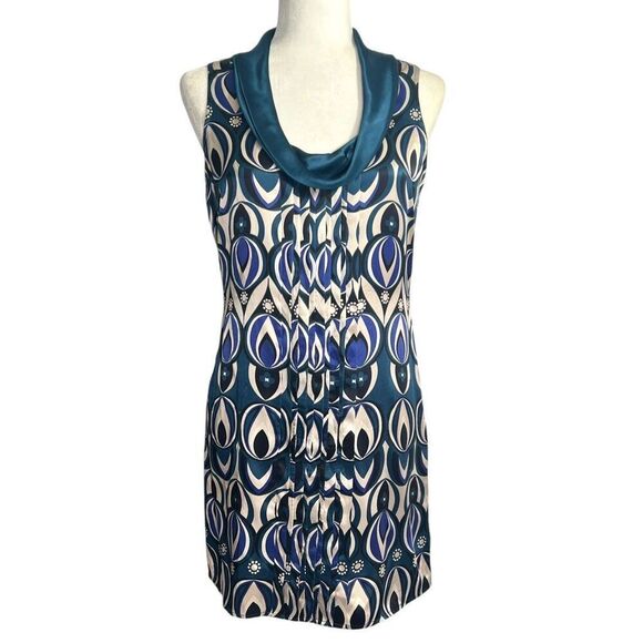 Ted Baker London Women's Teal Blue Patterned Silk Cowl Neck Dress Size 2 - Picture 1 of 12